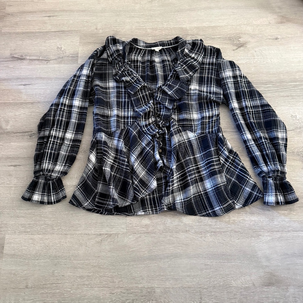 Anthropologie Pilcro Women’s Black & White Long Sleeve Plaid Blouse Medium